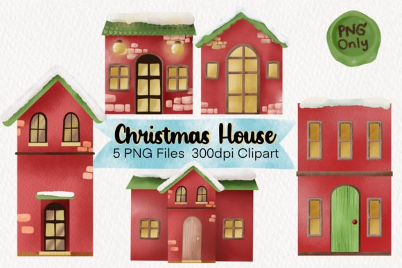 5 Christmas House Watercolor Clipart Png for Crafting and Etsy Products