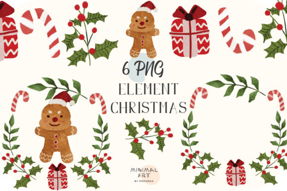 6 Ginger Bread Man Christmas Flowers PNG Illustrations