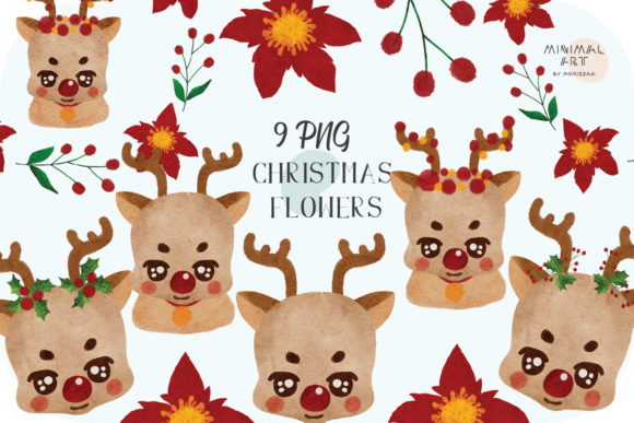 9 Reindeer Flower Wreath Christmas PNG Illustrations