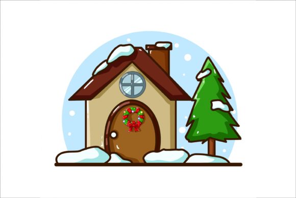 A Home with Spruce Tree at Christmas Illustrations