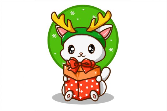 A White Cat Carrying a Christmas Gift Illustration