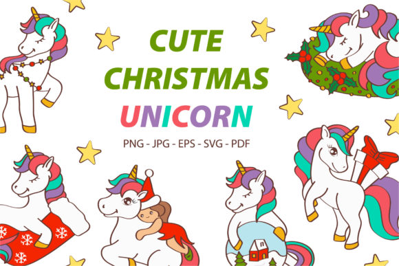 Cartoon Christmas Unicorn Illustrations for Digital Selling