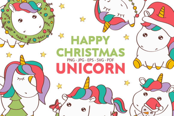 Christmas Unicorn Clipart, Kawaii Horse Illustrations