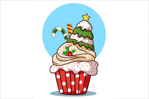Cupcake with Christmas Tree Cream Illustration