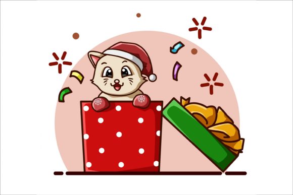 Cute Cat with Hat in the Christmas Gift Illustrations