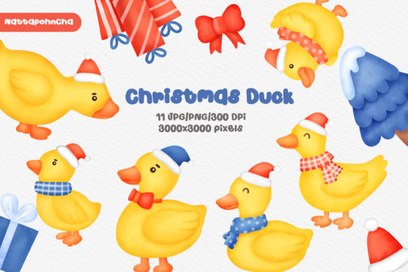 Happy Christmas Clipart with Cute Duck Illustrations