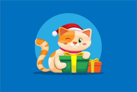 Kitten with Christmas Gift Animal Vector Illustration
