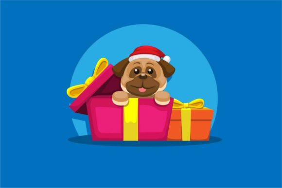 Puppy Buldog with Gift Box on Christmas Illustration