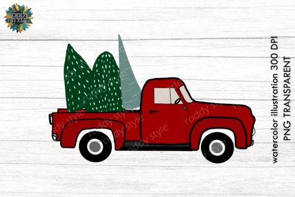 Red Truck Merry Christmas Watercolor Illustration
