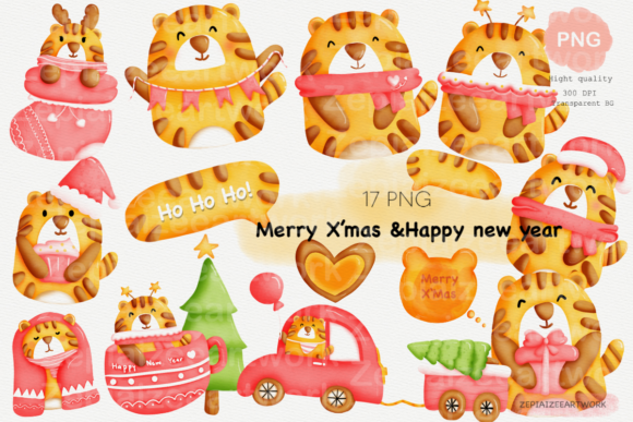 Tiger Watercolor Christmas and New Year Illustrations