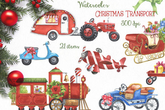 Watercolor Christmas Transport Illustrations